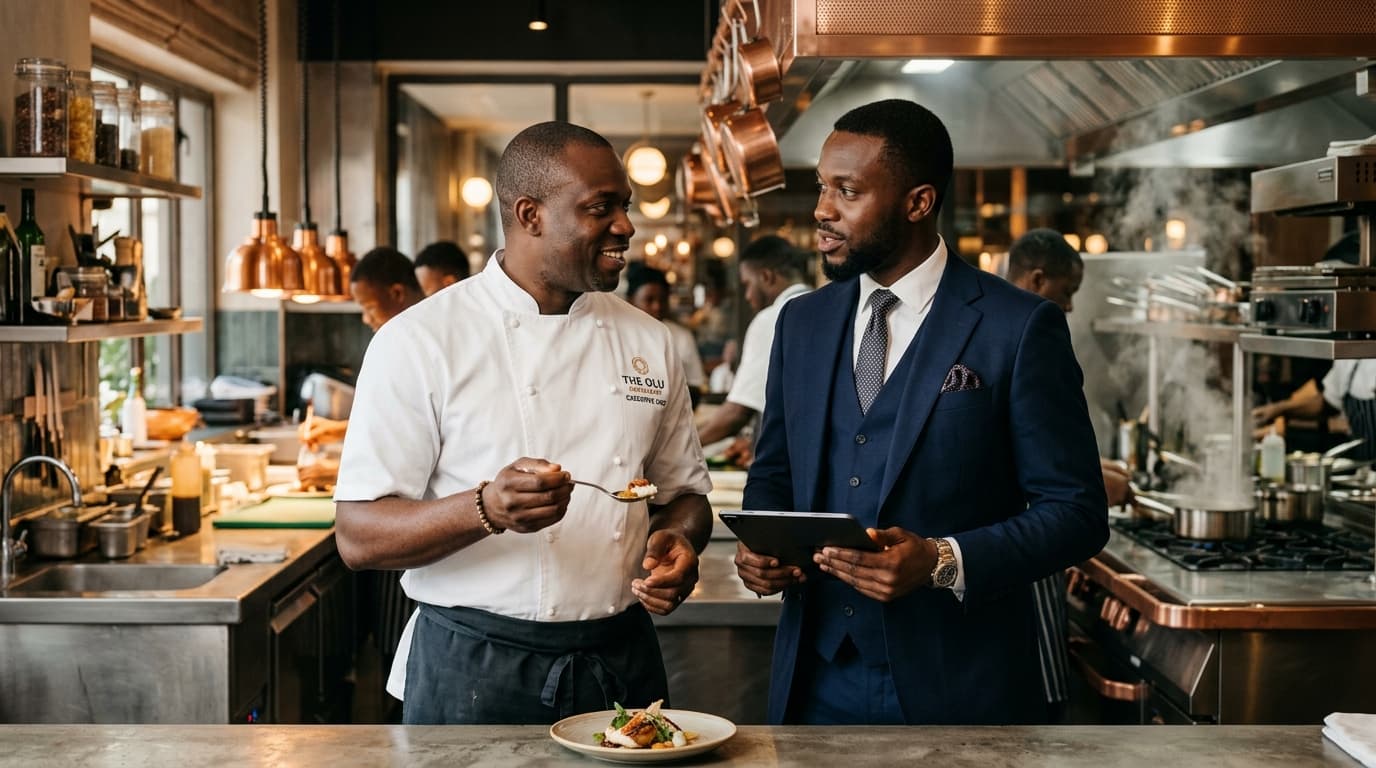 Chef and restaurant manager collaborating in a professional kitchen